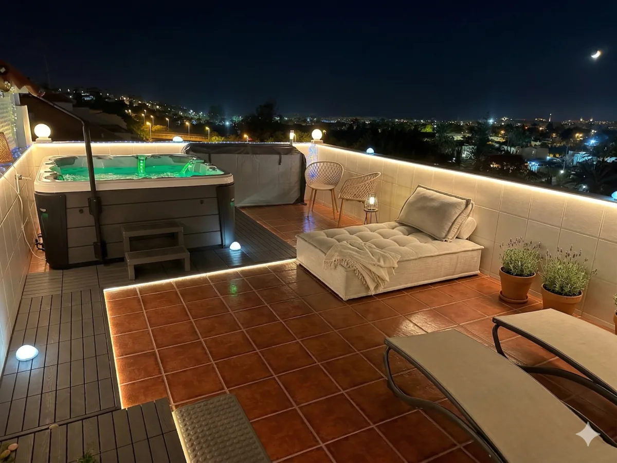 Roof terrace with hot tub and sun loungers — Basement Apartments, Maspalomas